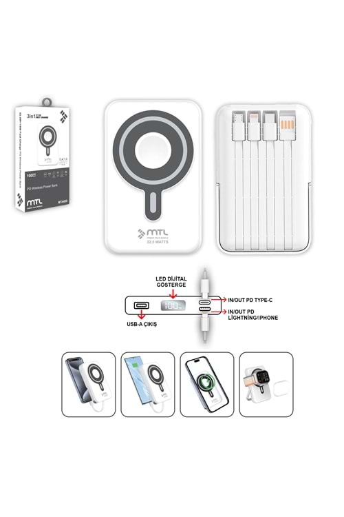 MT4450 10.000 MAH MAGSAFE DAHİLİ KABLOLU 37.5 W PD ŞARJ POWERBANK /60 - BEYAZ