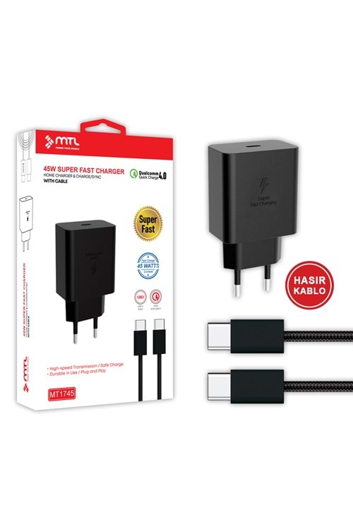 MT1745 45W QC 4.0 SÜPER FAST 2.0 TYPE-C ÇIKIŞLI PD TYPE-C TO TYPE-C EV ŞARJ CİHAZI /10/200