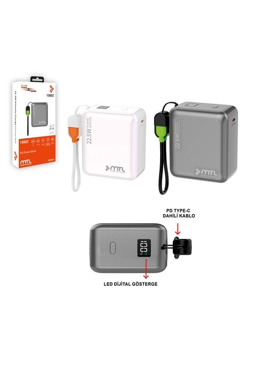 MT4515 15.000 MAH DAHİLİ KABLOLU 22.5 WATT TURBO ŞARJ POWERBANK /12/96