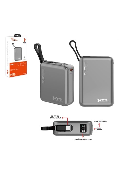 MT4550 20.000 MAH DAHİLİ KABLOLU 22.5 WATT TURBO ŞARJ POWERBANK /10/60