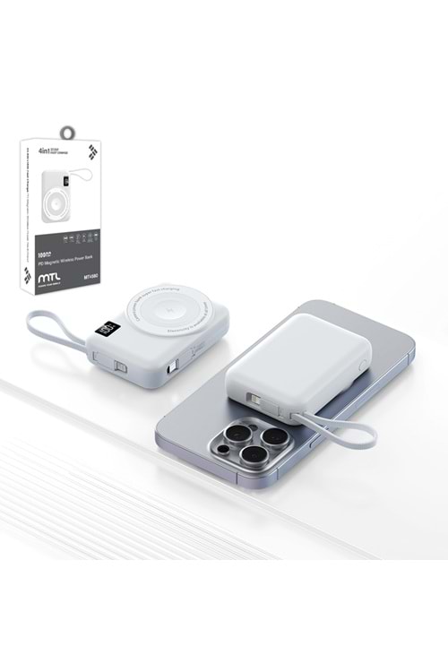 MT4580 10.000 MAH 4İN1 DAHİLİ KABLOLU MANYETİK MAGSAFE PD ŞARJ POWERBANK 60/ BEYAZ