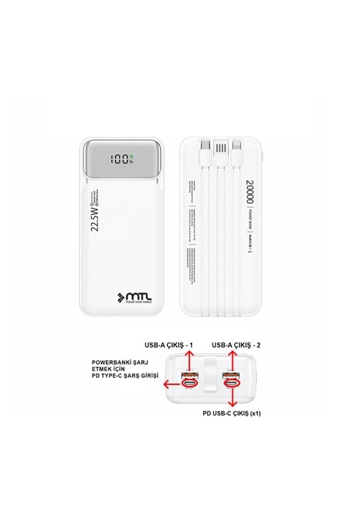 MT4321 20.000 MAH DAHİLİ KABLOLU 22,5 WATT TURBO ŞARJ POWERBANK - BEYAZ /60