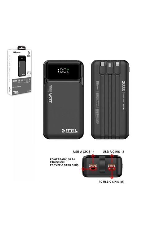 MT4321 20.000 MAH DAHİLİ KABLOLU 22,5 WATT TURBO ŞARJ POWERBANK - SİYAH /60