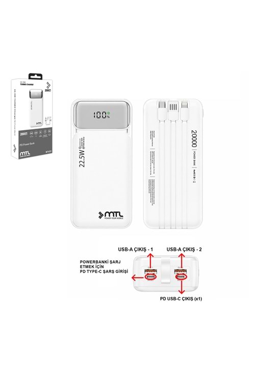 MT4331 30.000 MAH DAHİLİ KABLOLU 22,5 WATT TURBO ŞARJ POWERBANK - BEYAZ /40