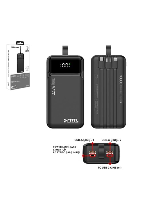 MT4331 30.000 MAH DAHİLİ KABLOLU 22,5 WATT TURBO ŞARJ POWERBANK - SİYAH /40
