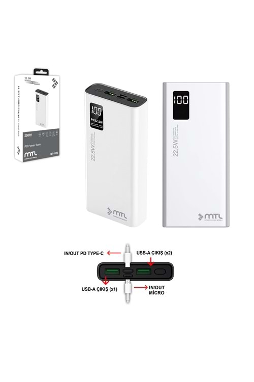 MT4520 20.000 MAH 22.5 WATT TURBO ŞARJ POWERBANK 10/40 - BEYAZ