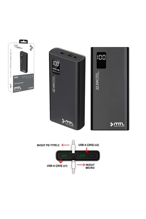 MT4520 20.000 MAH 22.5 WATT TURBO ŞARJ POWERBANK 10/40 - SİYAH