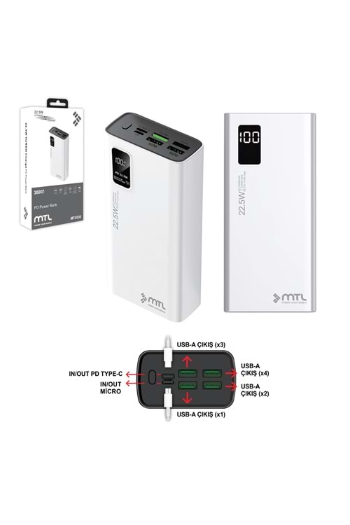 MT4530 30.000 MAH 22.5 WATT TURBO ŞARJ POWERBANK /30 - BEYAZ