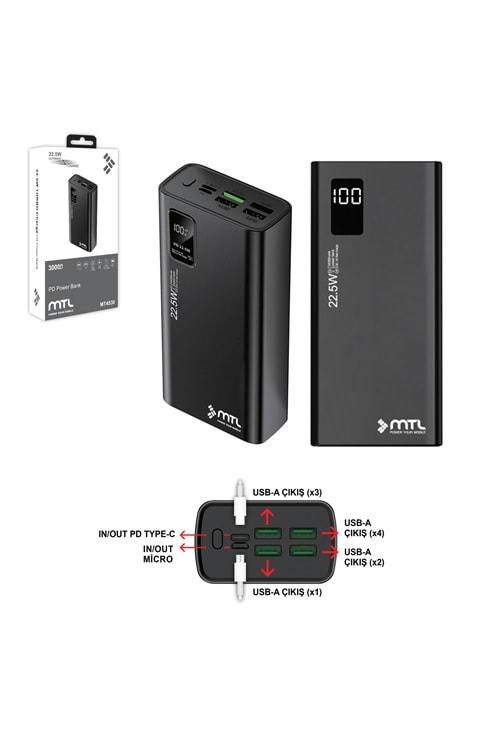 MT4530 30.000 MAH 22.5 WATT TURBO ŞARJ POWERBANK /30 - SİYAH