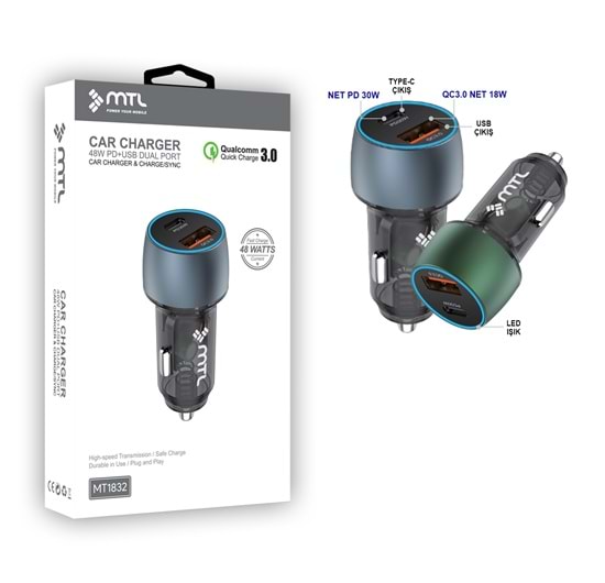 MT1832 48W QC 4.0 PD Çift Çıkışlı Araç Şarj Adaptörü - Type-C +