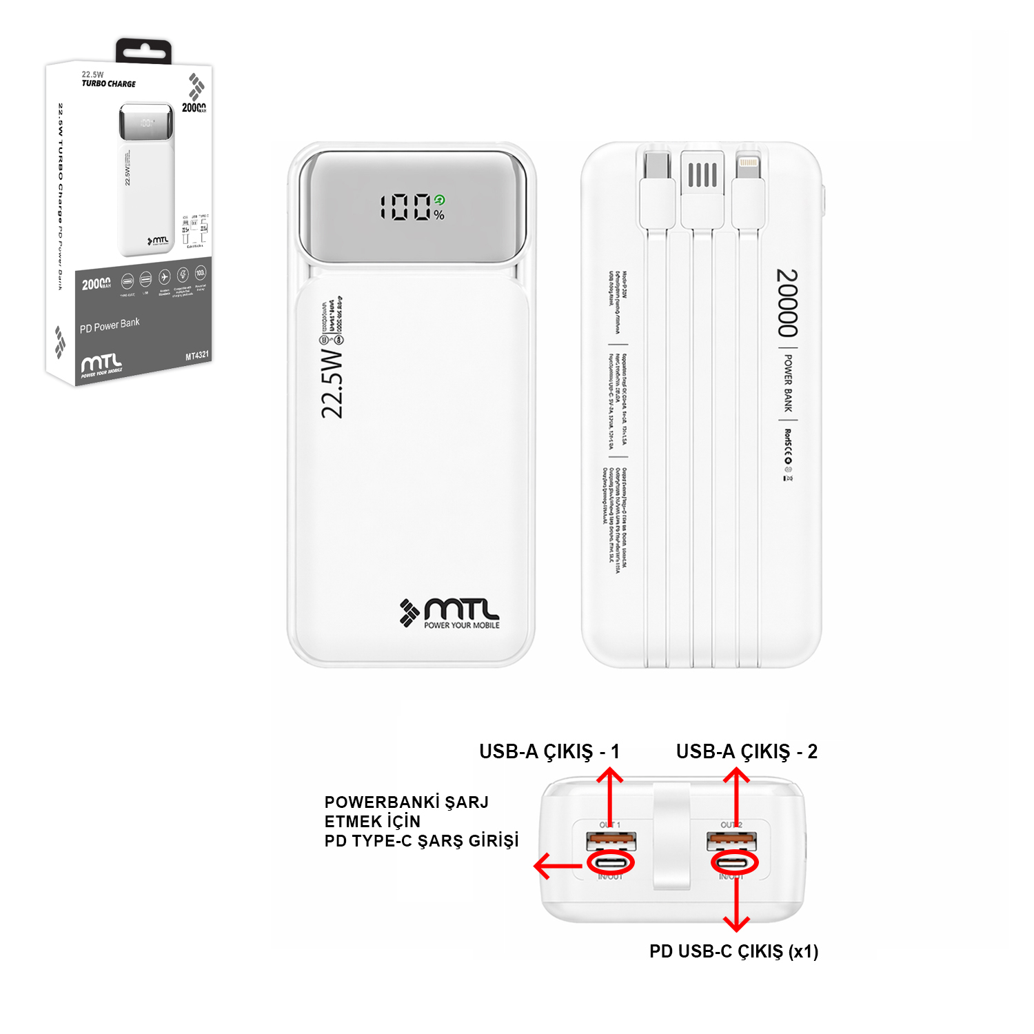 MT4331 30.000 MAH DAHİLİ KABLOLU 22,5 WATT TURBO ŞARJ POWERBANK