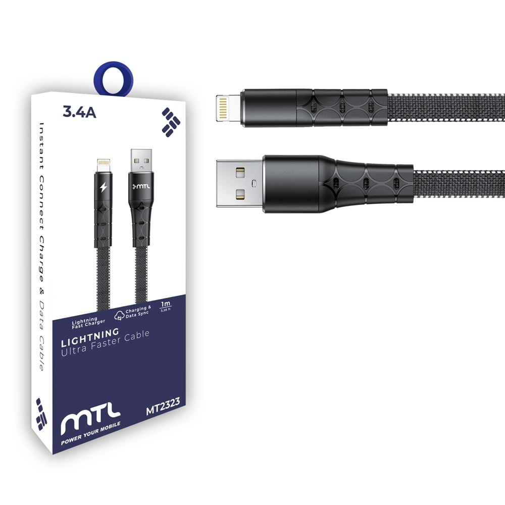 MT2323 3.4A FLAT LİGHTNİNG USB ŞARJ DATA KABLO SİYAH /30/300