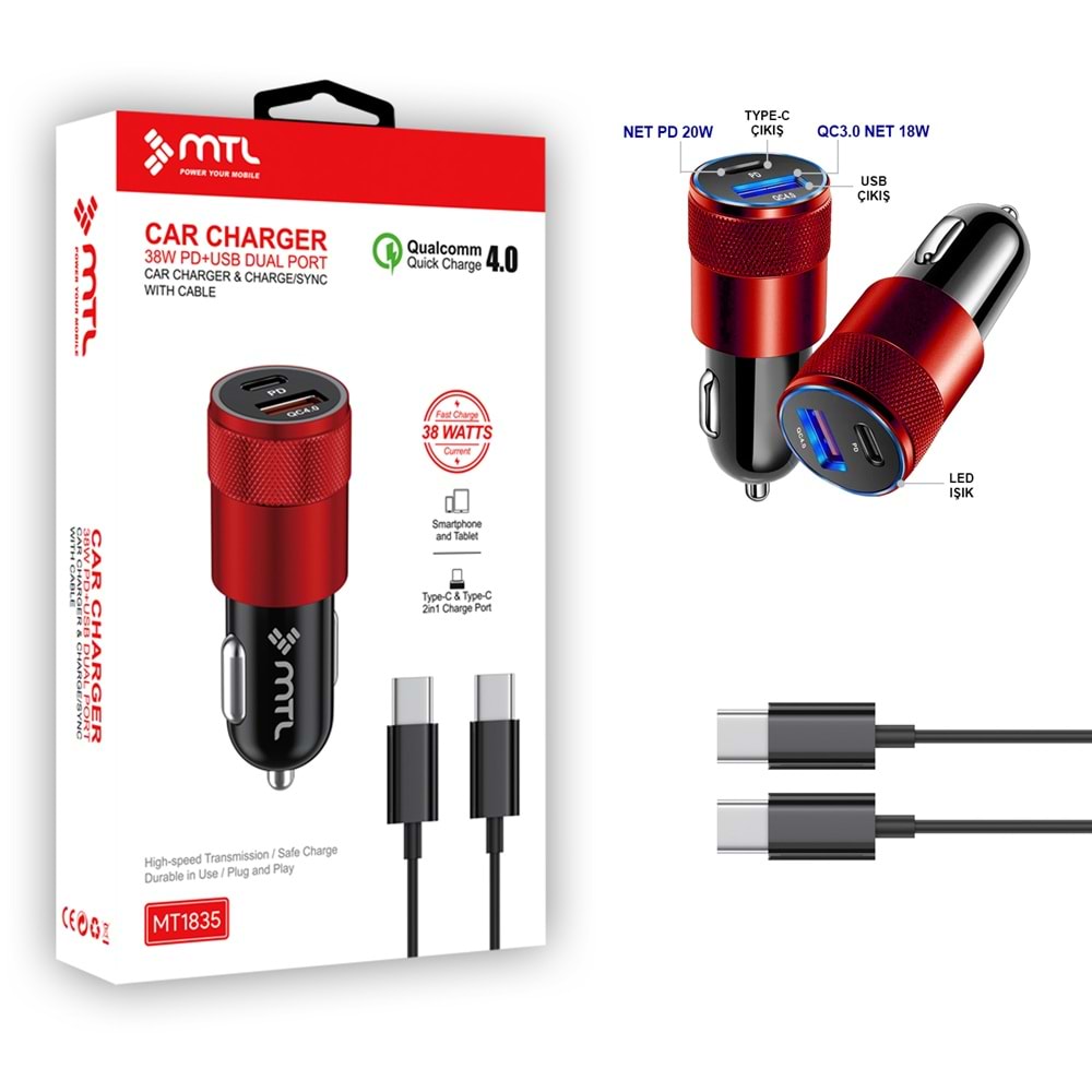 MT1835 38W QC 4.0 HIZLI PD TYPE-C PORT + USB PORT (ÇİFT ÇIKIŞ) TYPE-C TYPE-C ARAÇ ŞARJ CİHAZI /10/100
