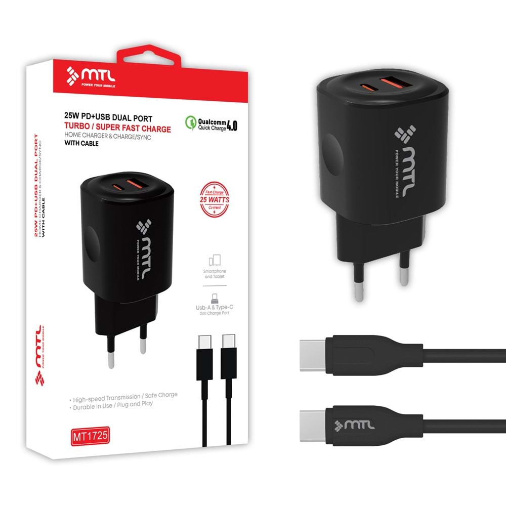 MT1725 25W QC 4.0 SÜPER TURBO TYPE-C PORT+USB PORT (ÇİFT ÇIKIŞ) TYPE-C TYPE-C EV ŞARJ CİHAZI /10/150