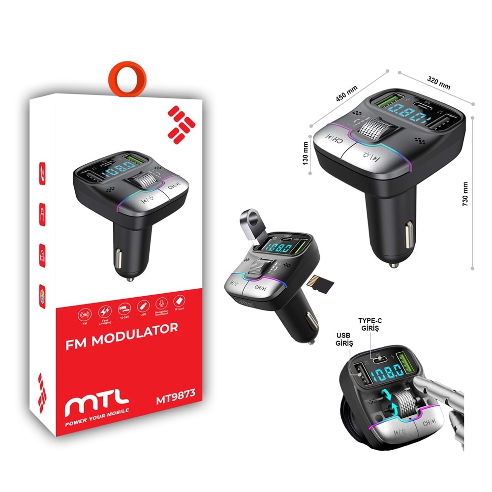 MT9873 55 WATT PD ŞARJLI BLUETOOTH FM MODÜLATÖR 10/120