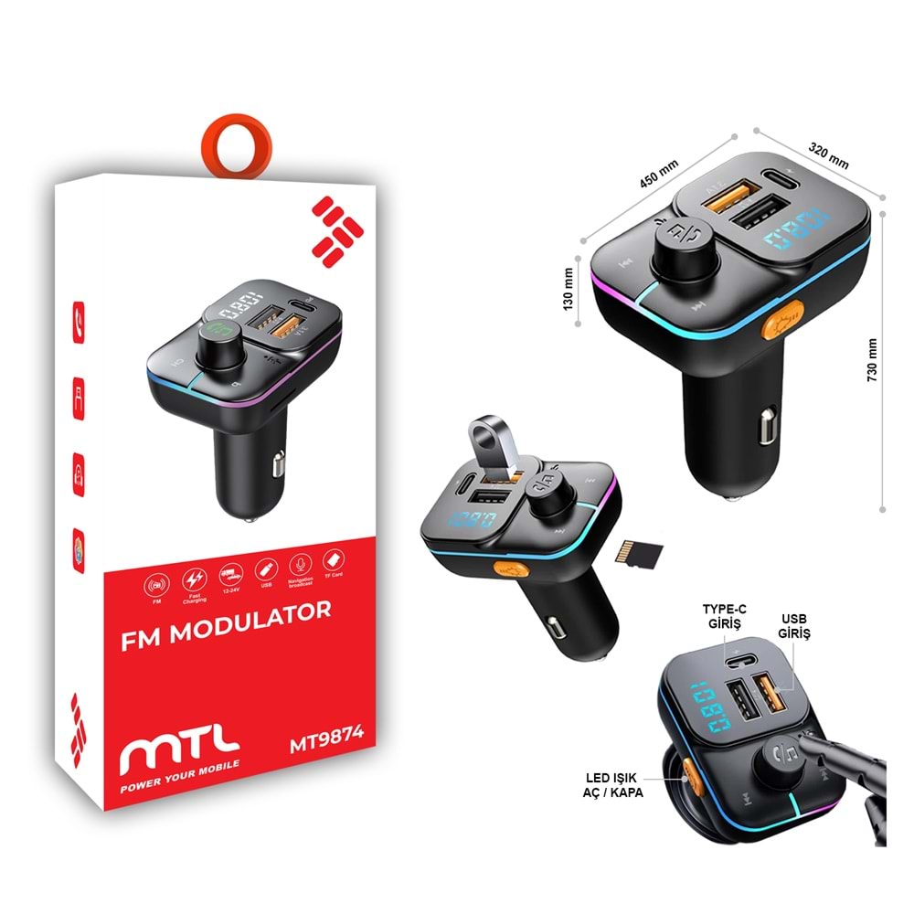 MT9874 55 WATT PD ŞARJLI BLUETOOTH FM MODÜLATÖR 10/120