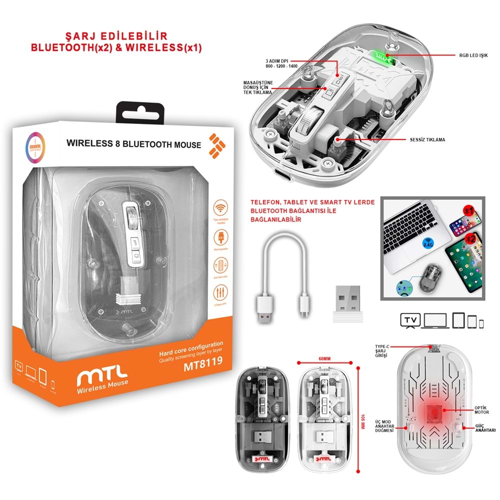 MT8119 BLUETOOTH & WİRELESS 3IN1 MOUSE /100
