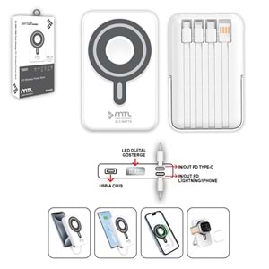MT4450 10.000 MAH MAGSAFE DAHİLİ KABLOLU 37.5 W PD ŞARJ POWERBANK /60 - BEYAZ
