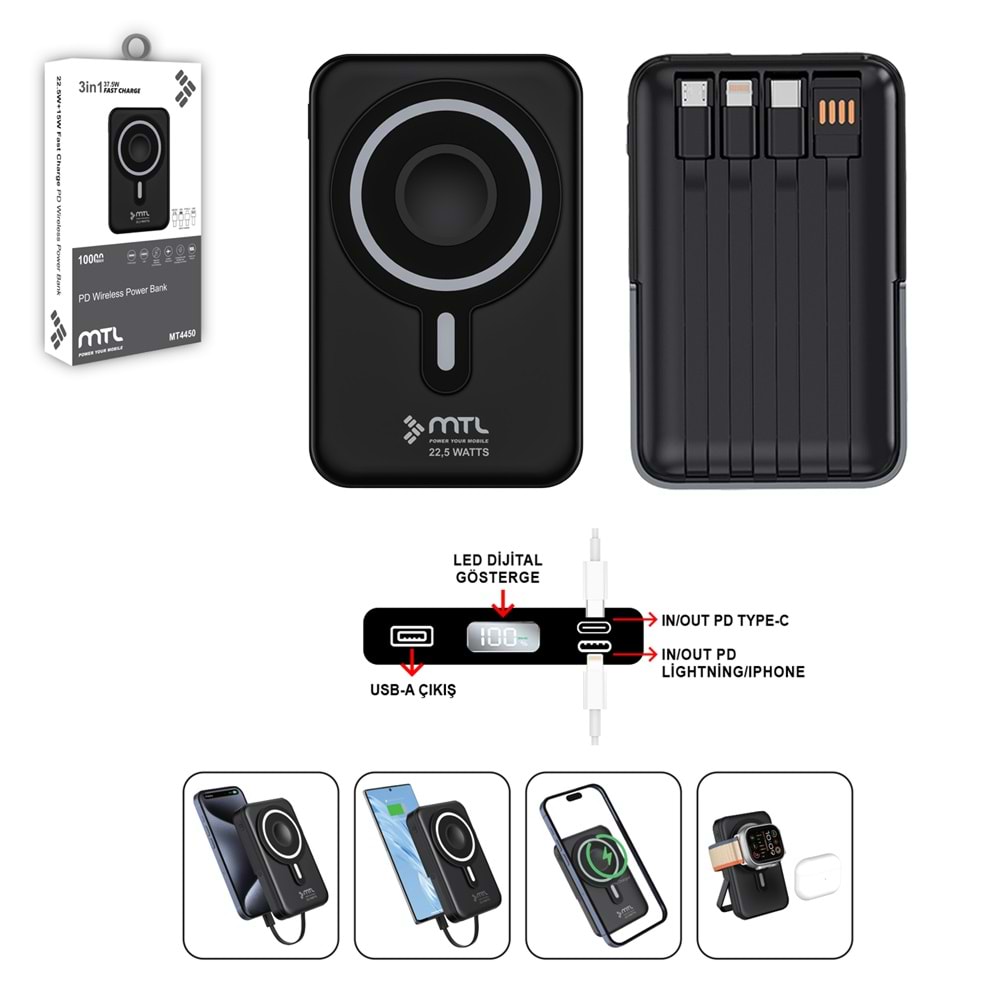 MT4450 10.000 MAH MAGSAFE DAHİLİ KABLOLU 37.5 W PD ŞARJ POWERBANK /60 - SİYAH
