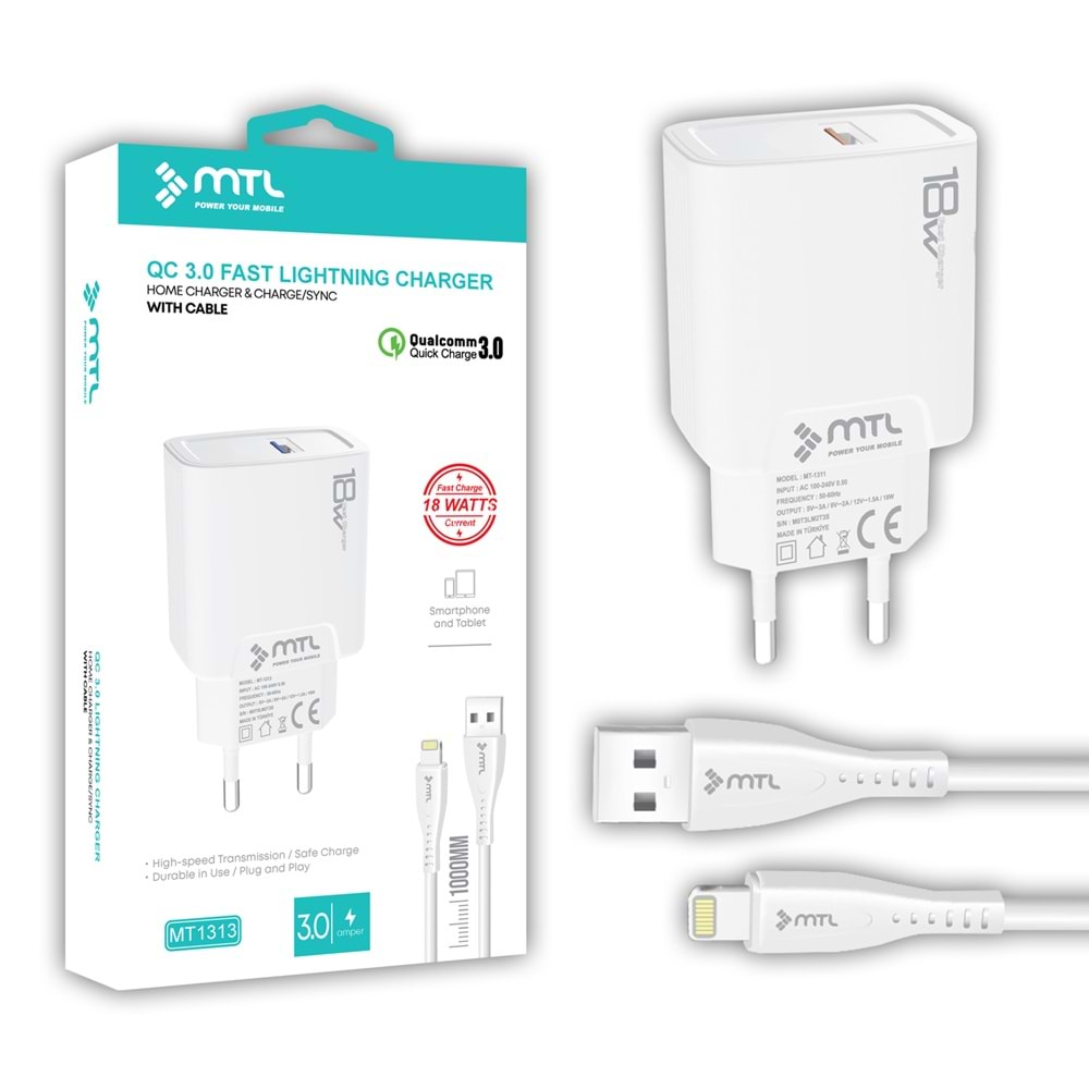 MT1313 18W QC 3.0 HIZLI USB ÇIKIŞLI LİGHTNİNG USB EV ŞARJ CİHAZI 10/200