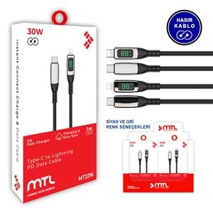 MT2216 30W LCD EKRANLI 1M TYPE-C TO LİGHTNİNG PD ŞARJ DATA KABLO 10/200