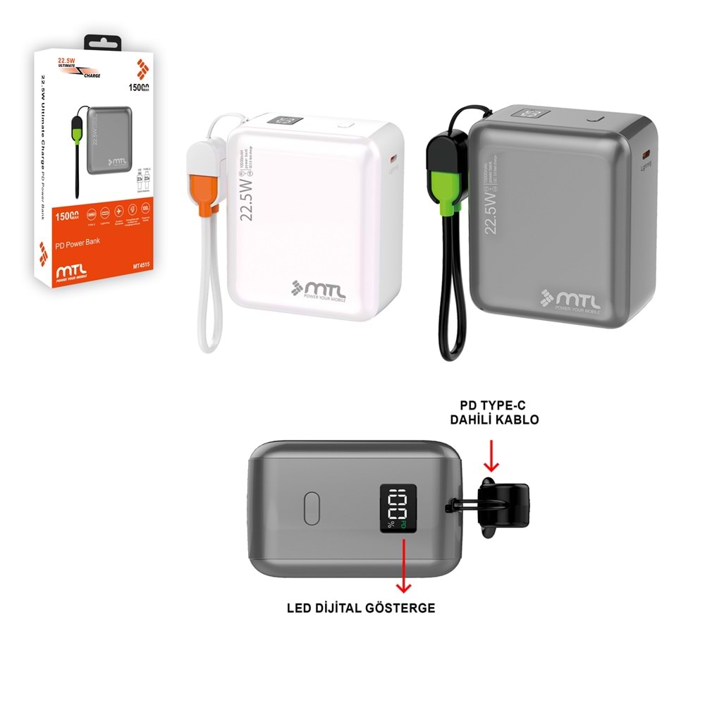 MT4515 15.000 MAH DAHİLİ KABLOLU 22.5 WATT TURBO ŞARJ POWERBANK /12/96