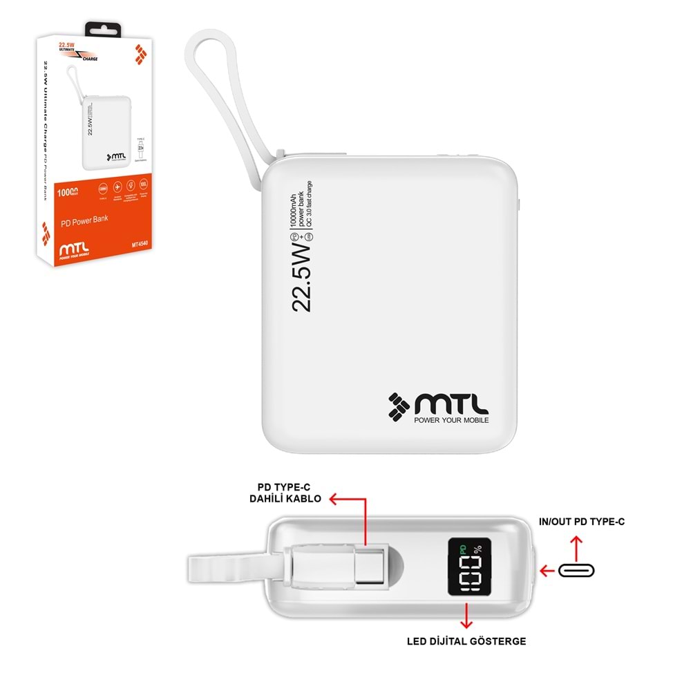 MT4540 10.000 MAH DAHİLİ KABLOLU 22.5W TURBO ŞARJ POWERBANK /12/96