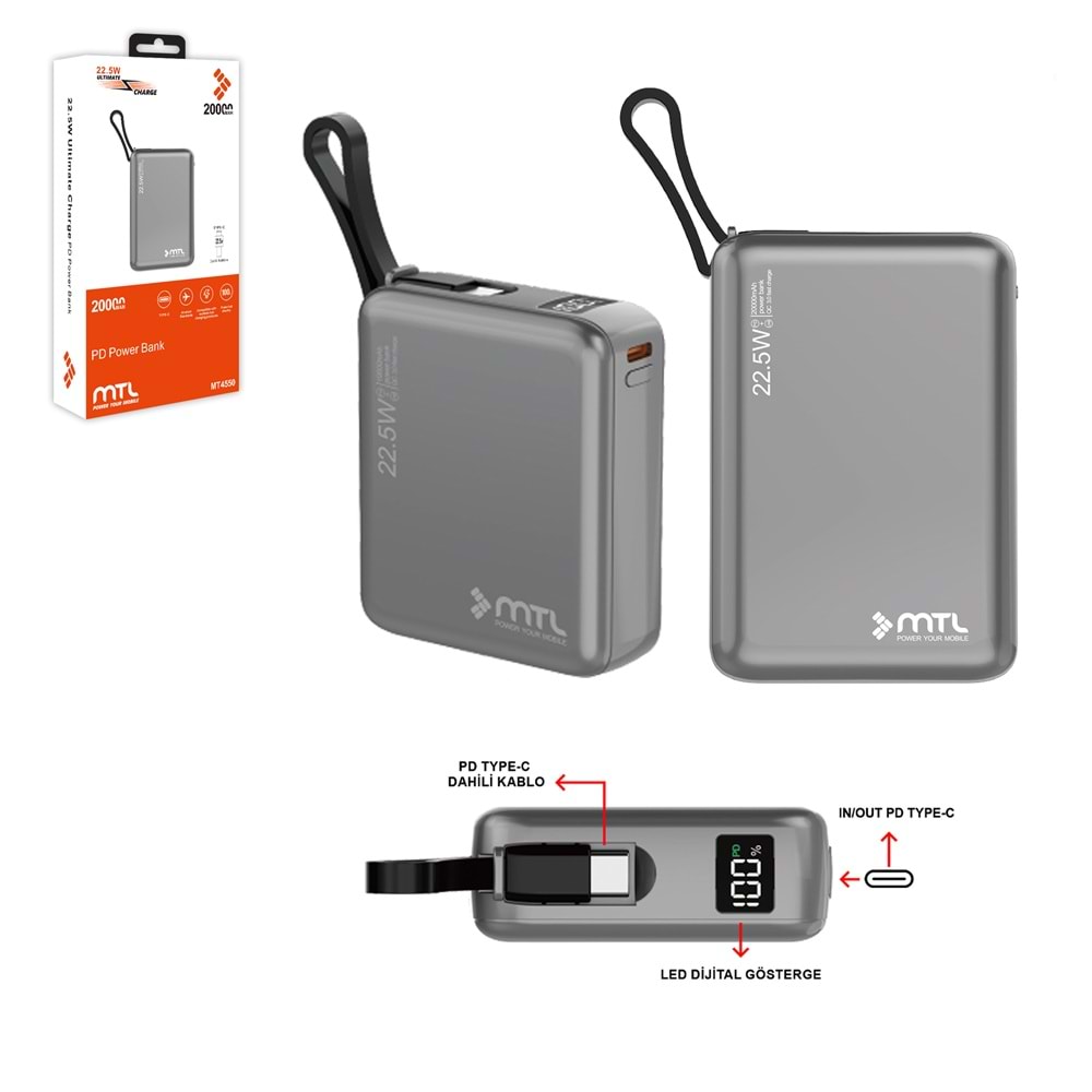 MT4550 20.000 MAH DAHİLİ KABLOLU 22.5 WATT TURBO ŞARJ POWERBANK /10/60