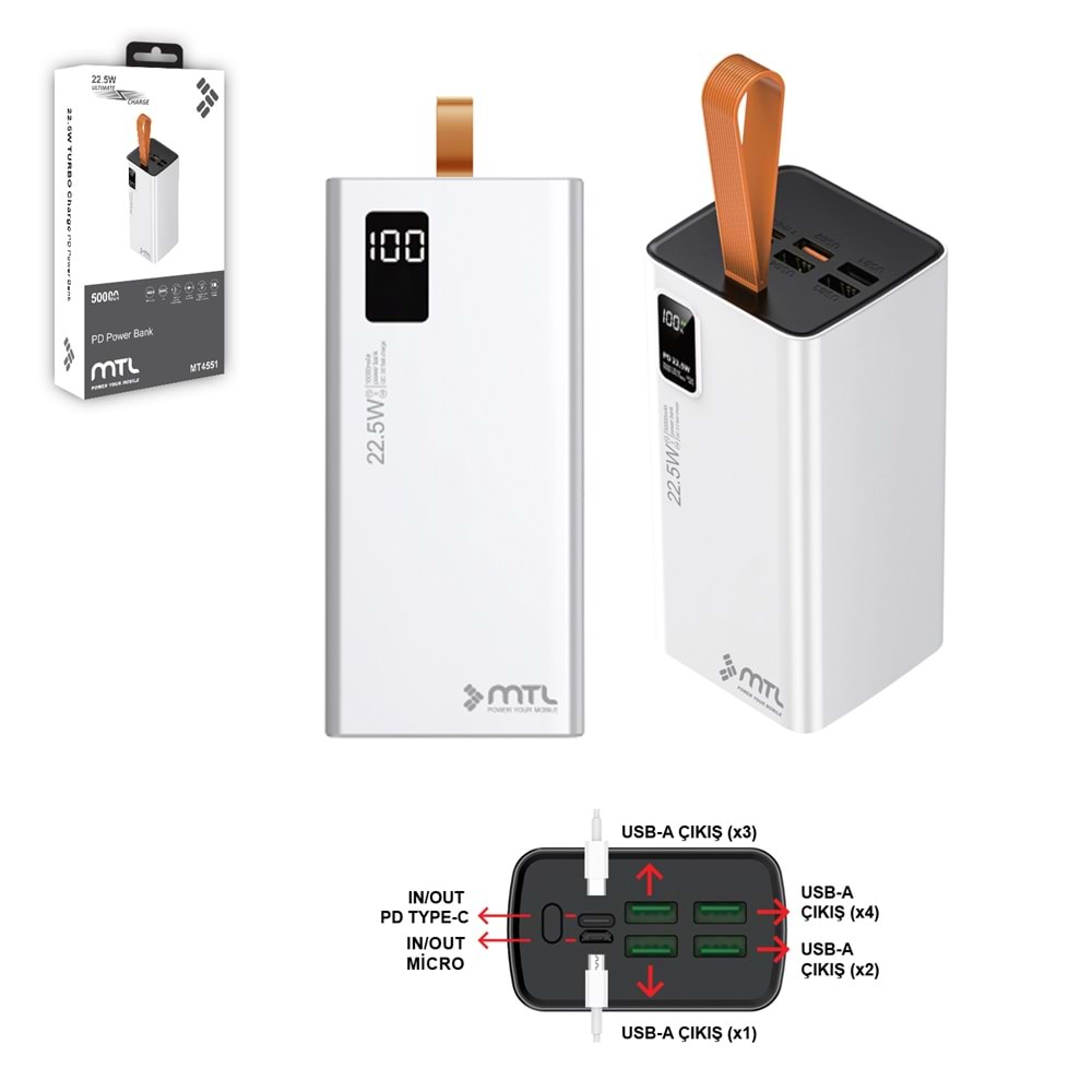 MT4551 50.000 MAH 22.5 WATT TURBO ŞARJ POWERBANK - BEYAZ