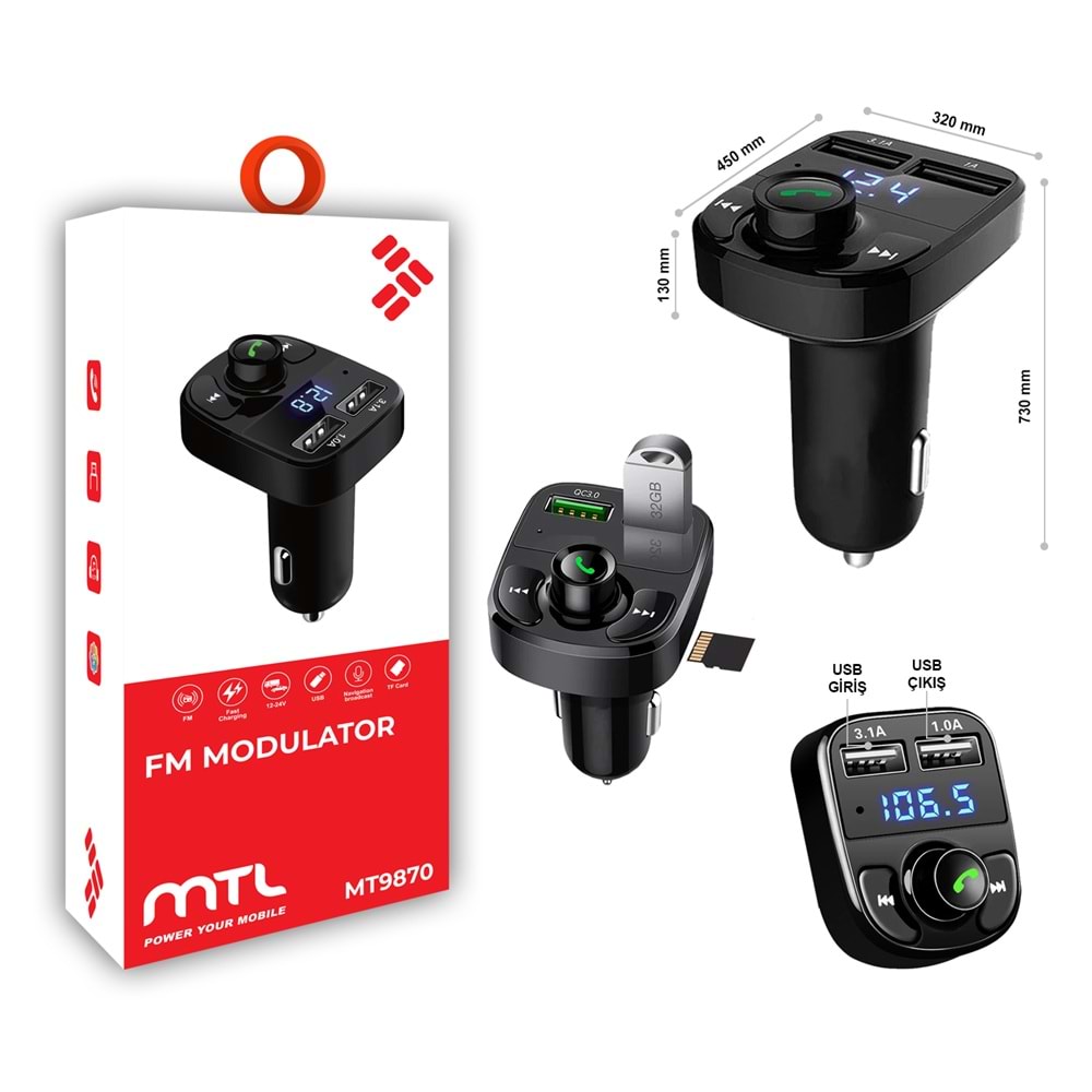 MT9870 20 WATT USB ŞARJLI BLUETOOTH FM MODÜLATÖR 10/120