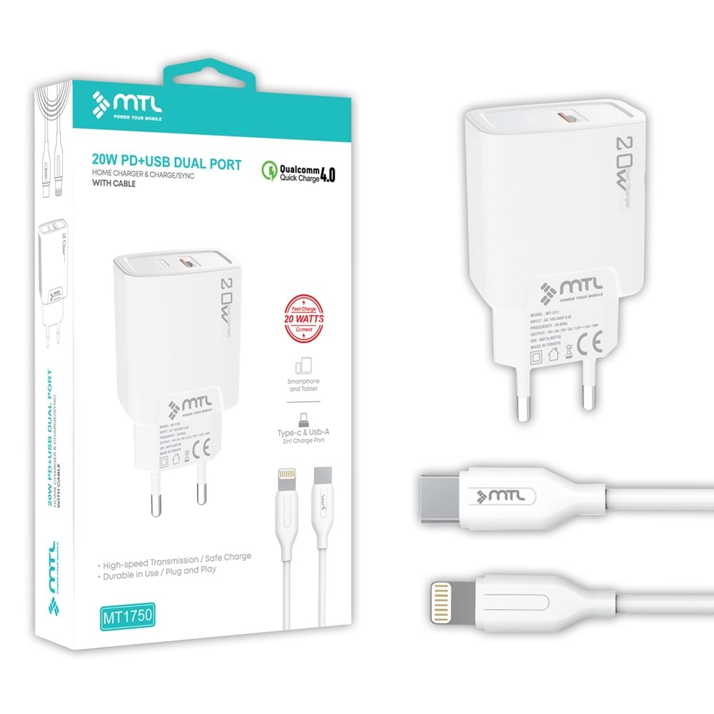 MT1750 20W QC 4.0 HIZLI PD TYPE-C PORT + USB PORT (ÇİFT ÇIKIŞ) TYPE-C LİGHTNİNG EV ŞARJ CİHAZI /10/200